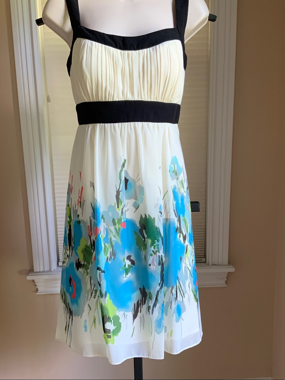 Women's Cream Floral Sundress with Black Trim
